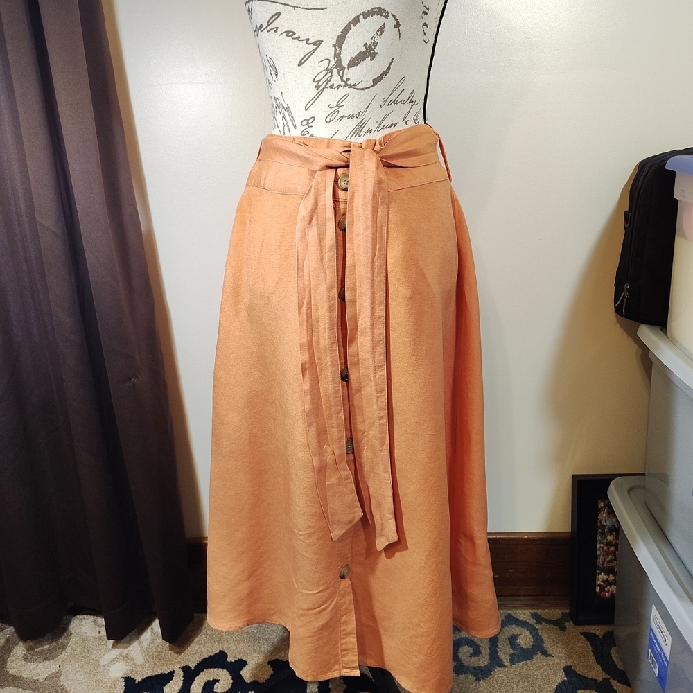 a new day Terracotta Button-Front A-Line Midi Skirt with Waist Tie